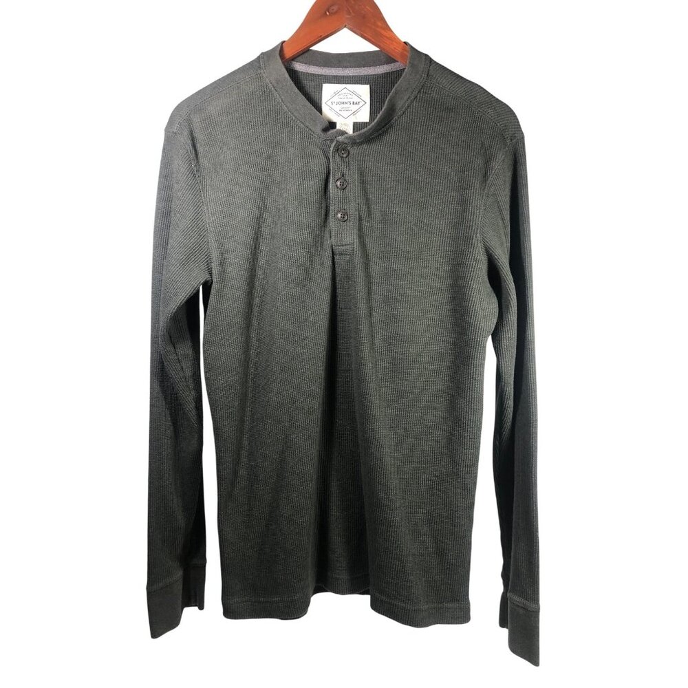Mens Medium Olive Green St Johns Bay Henley Shirt  Size M Waffle Knit Pullover